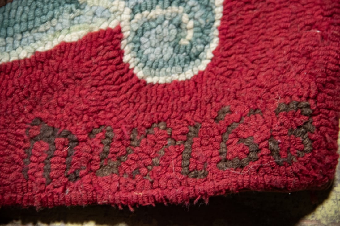 HOOKED RUG SCROLLED LEAVES DATED 1963 - 2