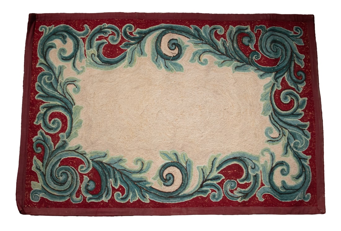 HOOKED RUG SCROLLED LEAVES DATED 1963 - 3