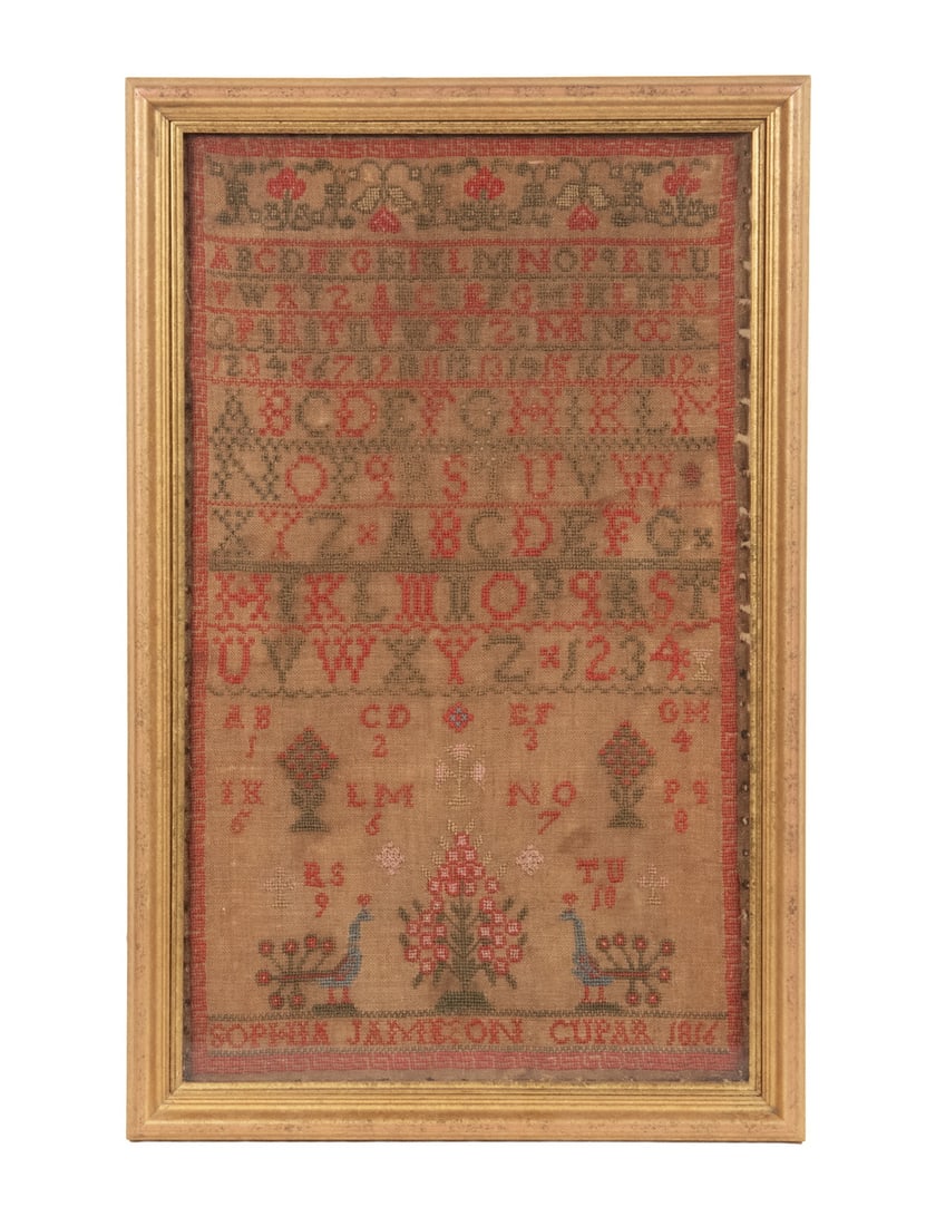 SOPHIA JAMESON SCOTTISH SAMPLER, DATED 1816: A finely stitched Scottish sampler worked in red, blue, and soft green wool threads on a linen ground, featuring multiple alphabet rows, numerals, and decorative borders. The lower register presents a