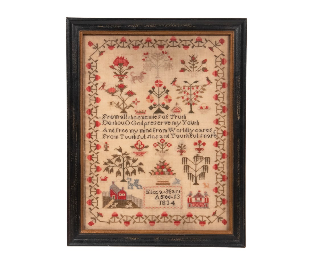 1834 PENNSYLVANIA SAMPLER, FRAMED: Pictorial Sampler, wool on linen, signed "Eliza Hart, Aged 13, 1834", with rows of fruit trees and flowering bushes, view of farmhouse and monument under weeping willow, dogs, cats, horse and birds,
