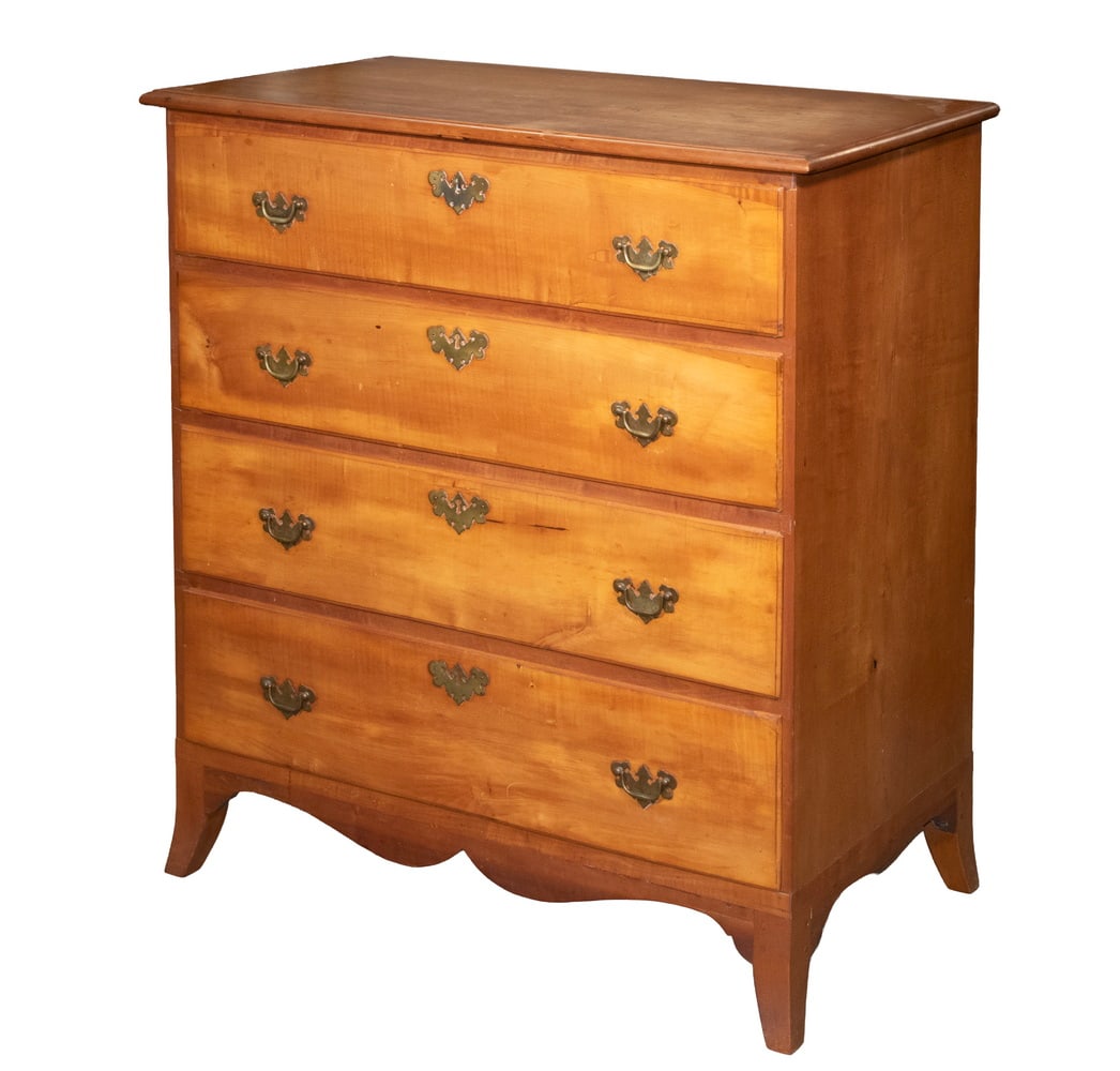 HEPPLEWHITE MAPLE FOUR-DRAWER CHEST: Early 19th c. New England Chest, pegged construction with molded edge top, four molded edge drawers with brass batwing hardware, set on a shaped apron with flared French feet. Inletted repair to top d