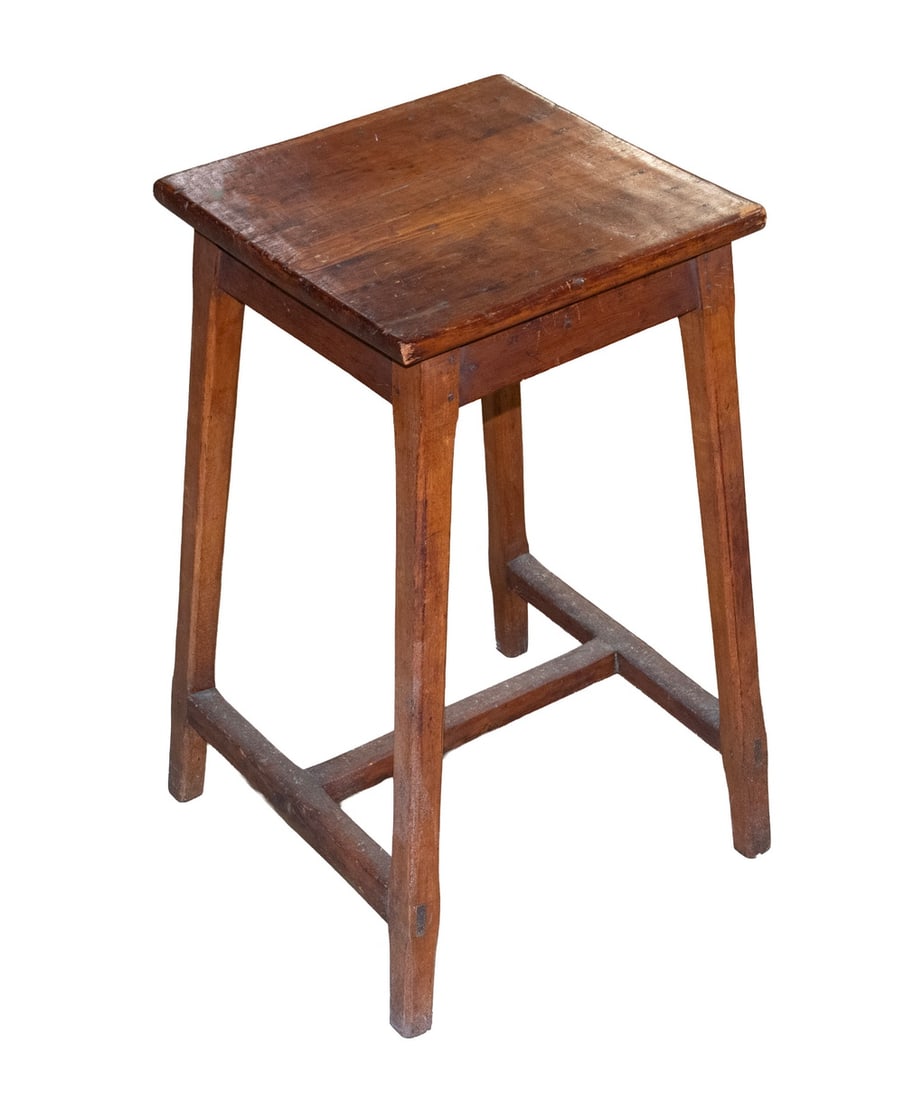 18TH C. COUNTRY PINE TALL SQUARE STOOL: New England Pumpkin Pine, with splayed tapered square legs, H-stretcher,Size: 25 x 15 1/2 x 16 in. (63.5 x 39.4 x 40.6 cm.)