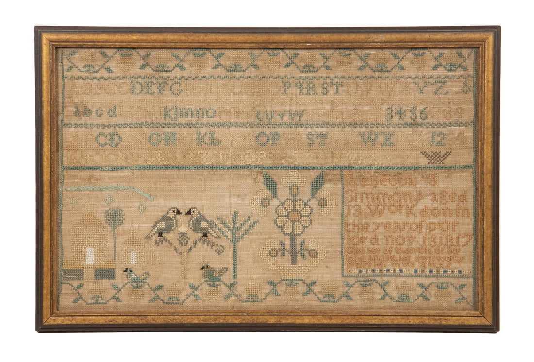 REBECCA SIMMONS AMERICAN NEEDLEWORK SAMPLER, DATED 1817: Worked in silk thread on linen, featuring alphabet bands, numerals, geometric borders, flowering motifs, and two birds perched on leafy branches. The lower panel inscribed “Rebecca Simmons,