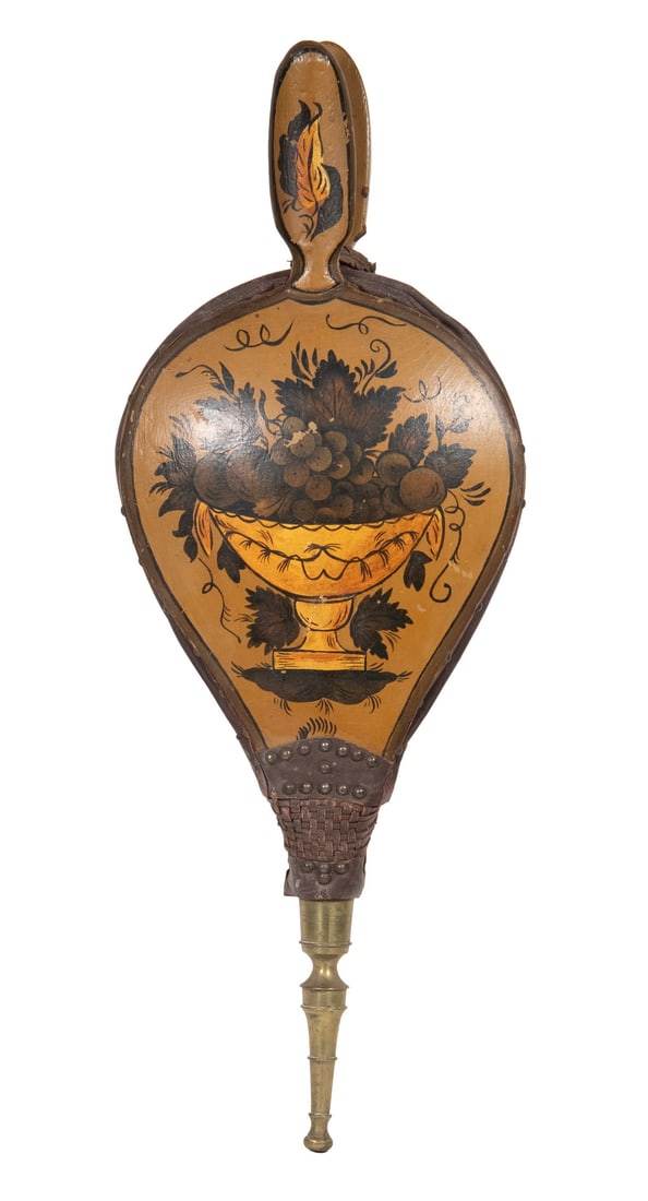 EARLY PAINTED FIREPLACE BELLOWS: 19th c. Wood and Leather Bellows, having a painted surface with original stenciled fruit basket decoration, shaped and painted handle, leather bladder, woven leather binding with brass tacks, brass no