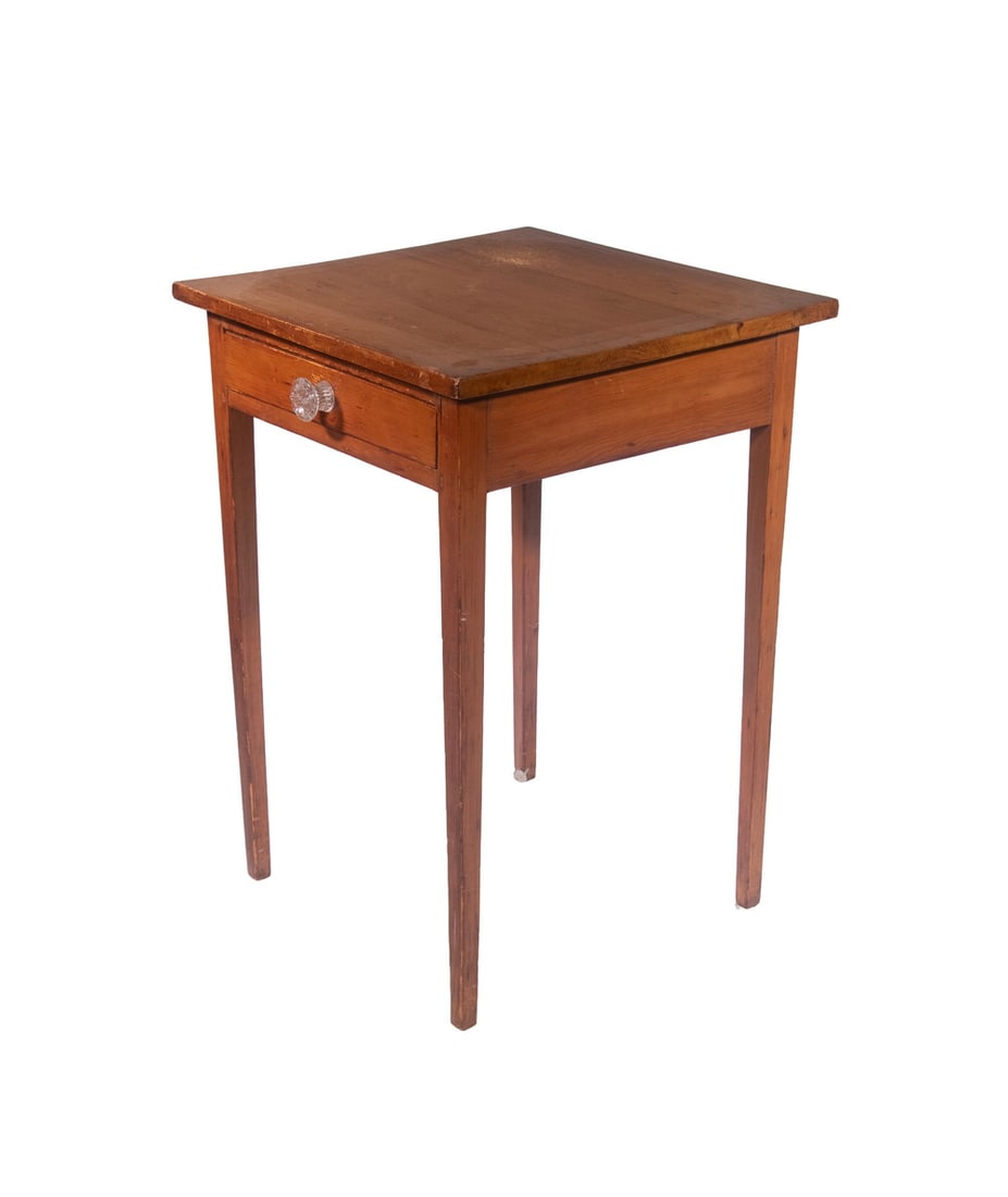 HEPPLEWHITE ONE-DRAWER STAND: Circa 1800 Cherry Side Table, square shaped, having a single drawer with pressed glass pull, set on square tapered legs. 29 x 20 1/2 x 20 in. (73.7 x 52.1 x 50.8 cm.)