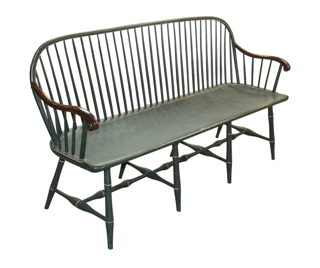 FINEST QUALITY ANTIQUE BENCH IN GREEN PAINT: Classic Form, in forest green paint with white pinstriping, having a bentwood back supported by thirty-one spindles, with natural finish walnut scrolled arms, eight splayed 'bamboo' turned legs with H
