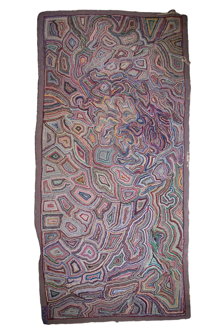 HOOKED RUG GEODE PATTERN DATED 1968: Polychrome Overall Abstract Pattern with grey border, initialed "MVH,'69" by Myrtle Vivian Higgins of Massachusetts.Size: 71 x 36 in. (180.3 x 91.4 cm.)