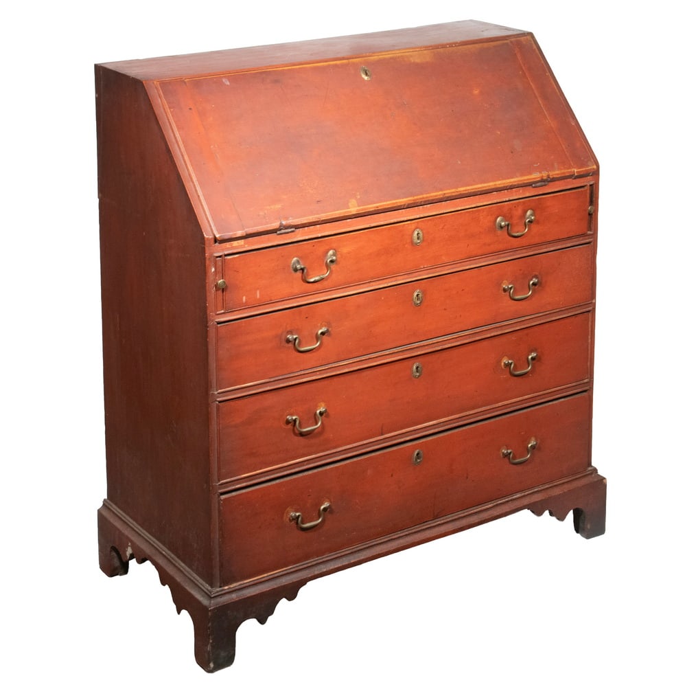 NEW ENGLAND CHIPPENDALE SLANT LID DESK: Second half 18th c. Desk, with rectangular birch dovetailed case with old red stained surface. Having a hinged sloping lid, interior with cubbyholes with an arrangement of 8 drawers centering a simula