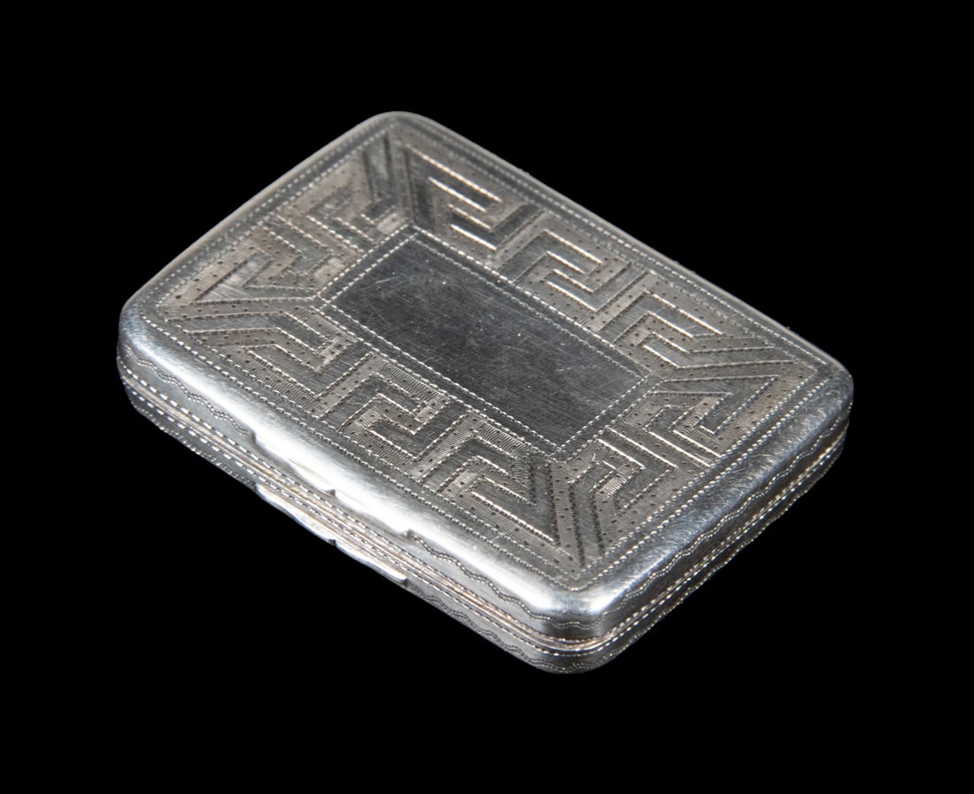 SAMUEL PEMBERTON GEORGE III STERLING VINAIGRETTE: English Silver Hinged Vinaigrette, by silversmith Samuel Pemberton, Birmingham, 1805, with engraved exterior, gilt washed interior with hinged and pierced interior lid. 1.06 ozt.OS: 2 x 1 1/2 x 1/4