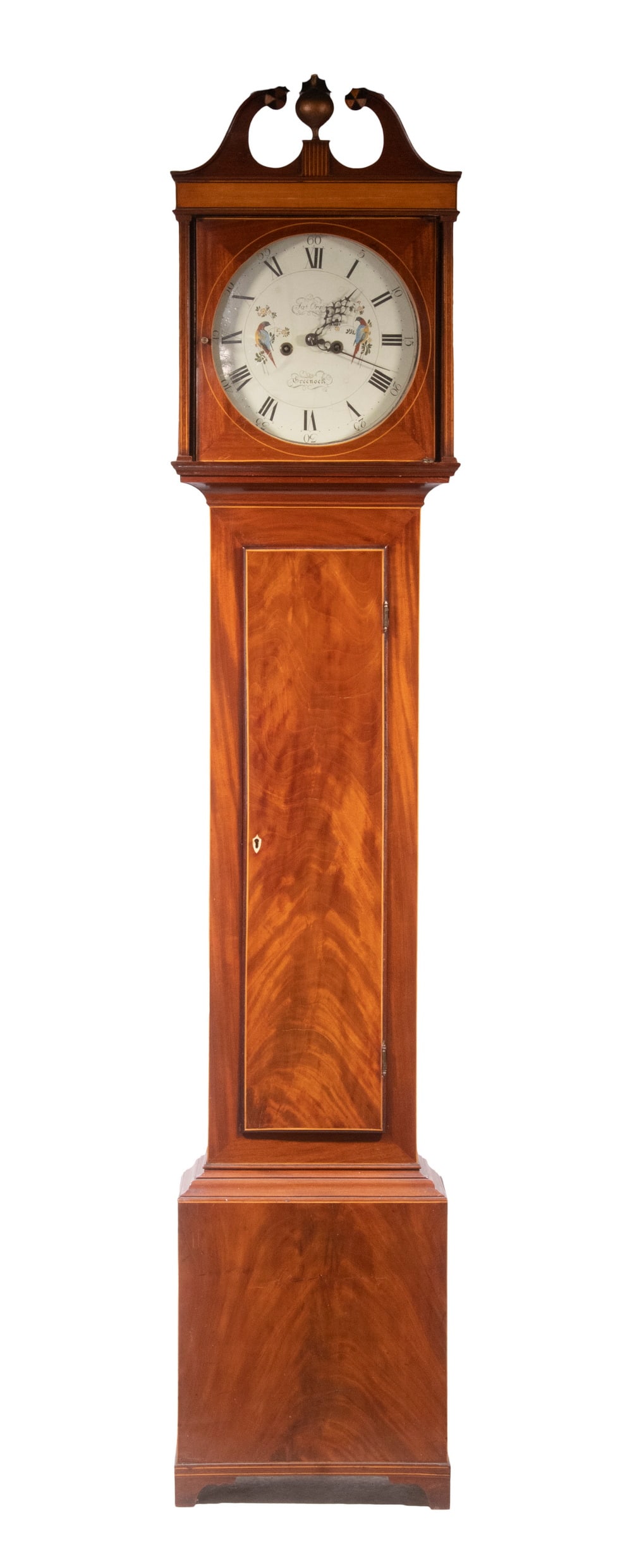 SCOTTISH GRANDFATHER CLOCK BY JAMES ORR OF GREENOCK: James Orr, Greenock, East Breast, Renfrewshire, Scotland. Active 1815-1825. Flame mahogany case with boxwood stringing and bonnet frieze, broken pediment having a painted wooden finial, inlaid