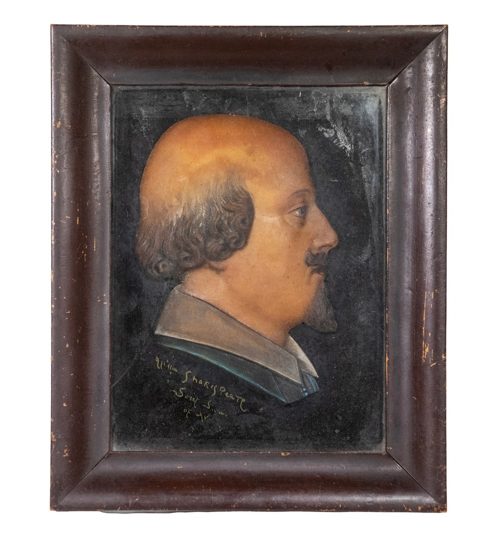 LATE 18TH C. ENGLISH WAX PORTRAIT OF SHAKESPEARE: Profile Bust Portrait, facing right, modeled polychrome wax, inscribed in gold on the black background "Wm. Shakespeare, Sweet Swan of Avon" and illegibly signed by the artist on the edge of his