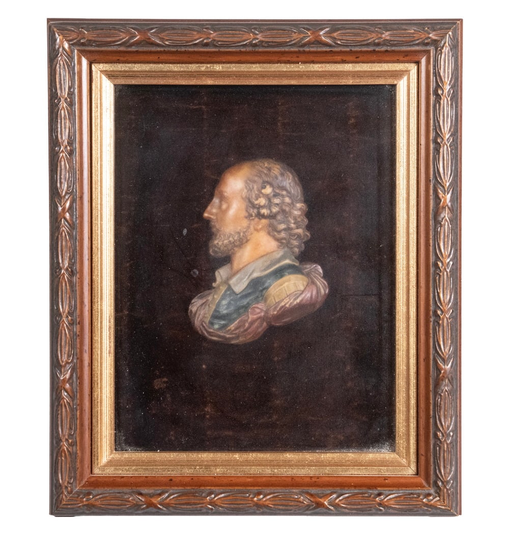 19TH C. ENGLISH WAX PORTRAIT OF SHAKESPEARE: Profile Bust Portrait, facing left, modeled polychromed wax, in later mahogany and gold shadowbox frame, mounted of rusty crinkled velvet under glass.OS: 7 1/2 x 6 1/4 in. (19.1 x 15.9 cm.), SS: 5