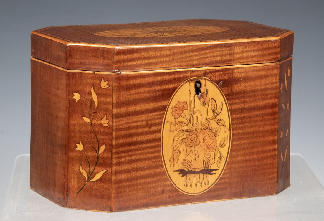 ENGLISH INLAID SATINWOOD TEA CADDY: George III Period Tea Box, with canted corners, marquetry and parquetry decorated exterior, with floral patera panels to lid and front, with key; the interior with two lidded compartments with traces