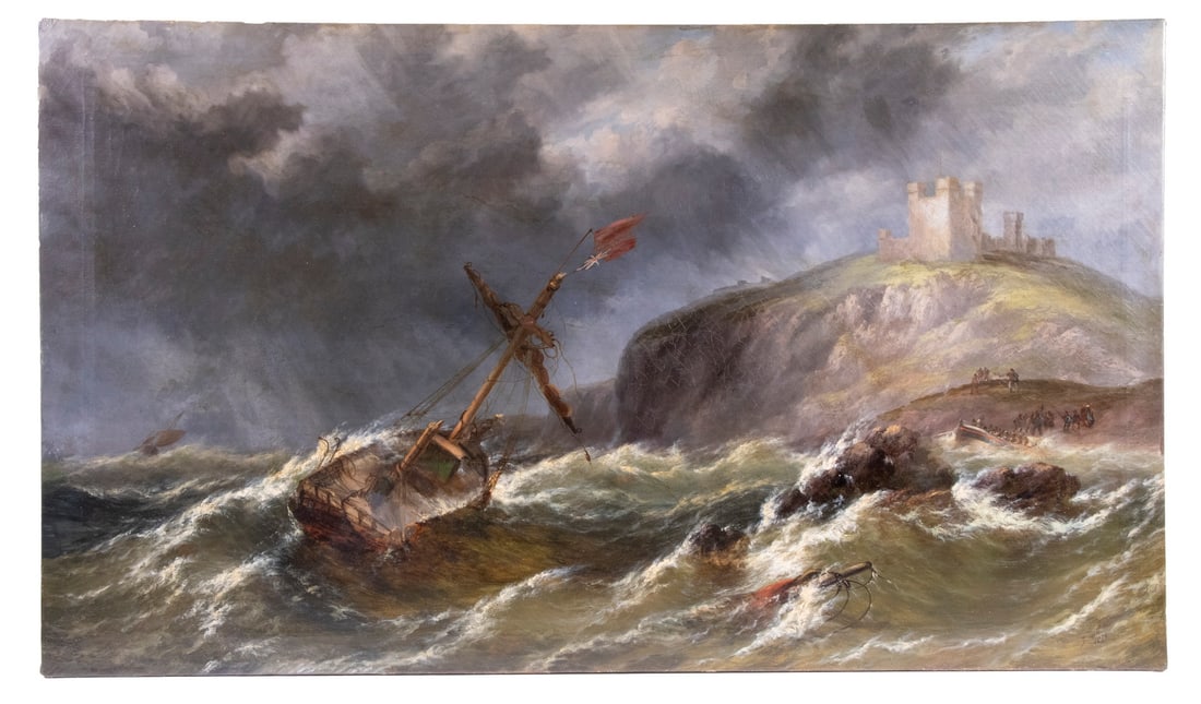 THOMAS ROSE MILES (UK, 1844-1916): Shipwreck at Bamburgh Castle, Holy Island of Lindisfarne, Northumberland, monumental oil on canvas, signed lower right and dated 1870. Depicts the crew of the unfortunate ship being brought ashore by