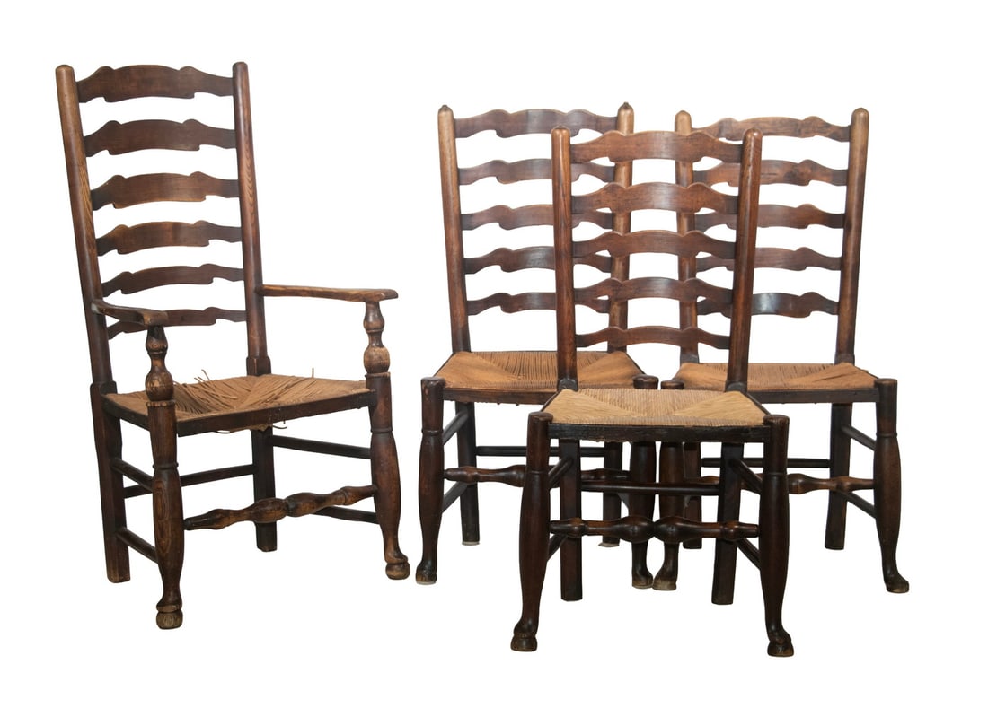 SET OF (8) ENGLISH LADDER BACK PUB CHAIRS: (8) 19th c. Elmwood Rush Seat Chairs, (1) armchair and (7) side chairs, each with five-slat back, trapezoidal seat, removable padded seat cushion, turned front stretcher, set on pad feet. 17" high