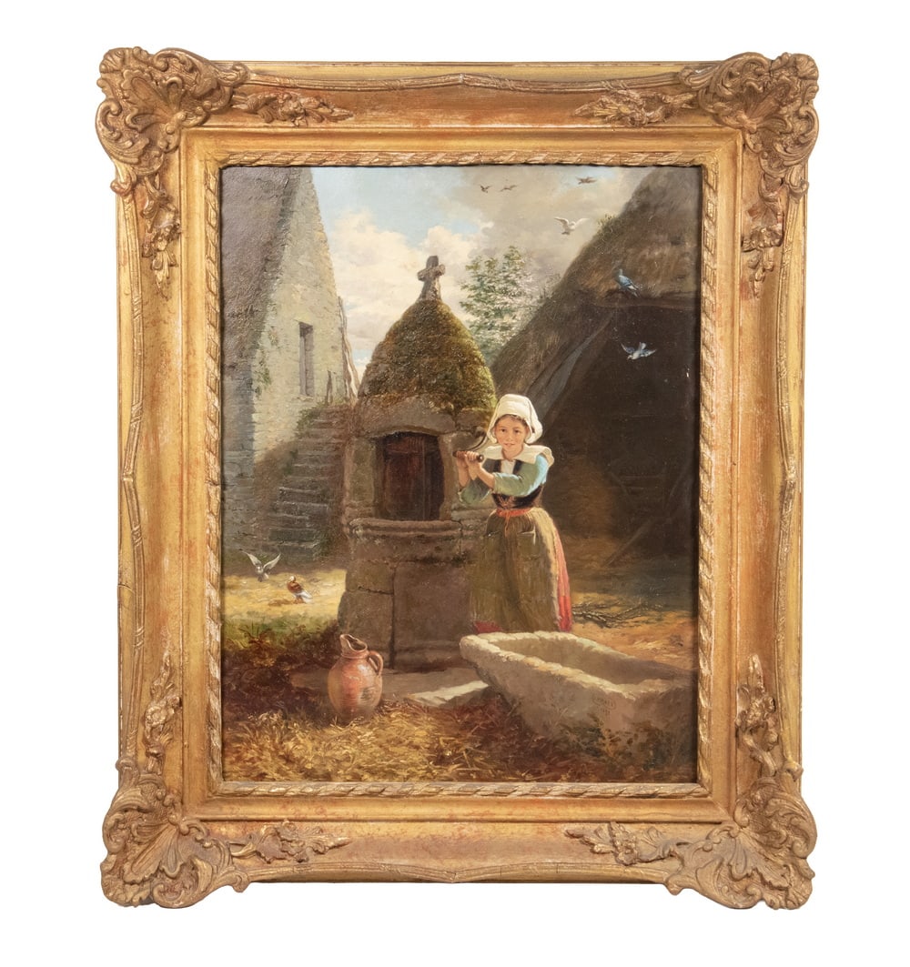 JONATHAN PRATT (UK, 1835-1911): Victorian Genre Scene of Young Girl at Beehive Water Well in Village Center, oil on canvas, signed on side of stone trough and dated 1875, in replica carved matched corner gold frame.OS: 24 x 20 in.