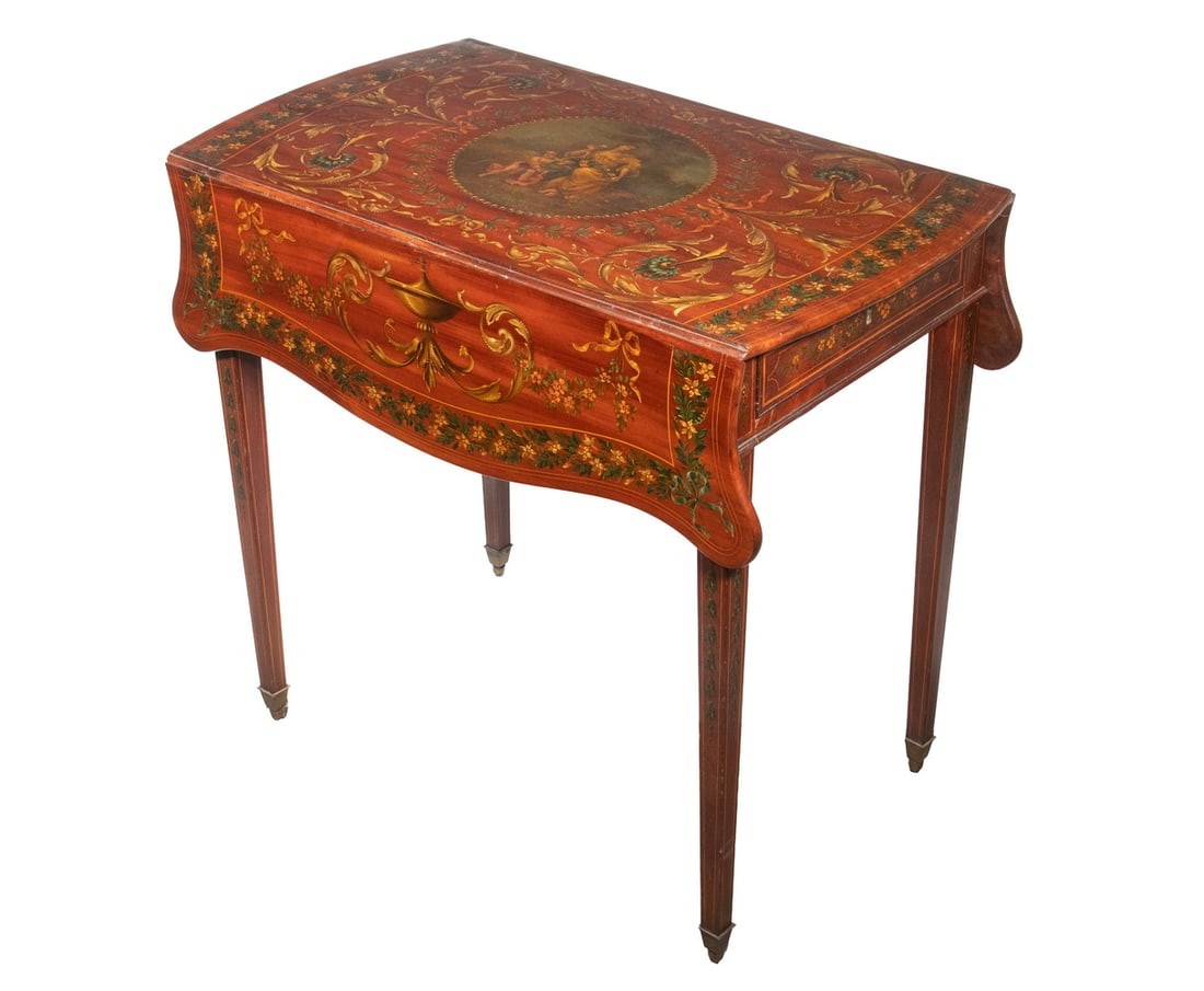 EXQUISITE GEORGE III PAINT DECORATED PEMBROKE TABLE: 19th c. English Mahogany Drop Leaf Table, with bowed ends and shaped leaves above a rectangular frieze, fitted with single beaded edge drawer. Raised on square tapered legs terminating in brass