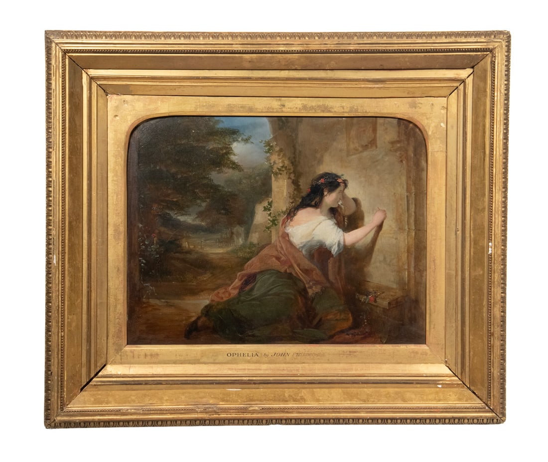 JOHN PHILLIP, R.A. (UK, 1817-1867): Ophelia, depicting the shunned mad lover of Hamlet, first played 1591-1601. Oil on London panel, faintly signed lower left, stock number stencil verso, title and artist's name on liner of period gilt