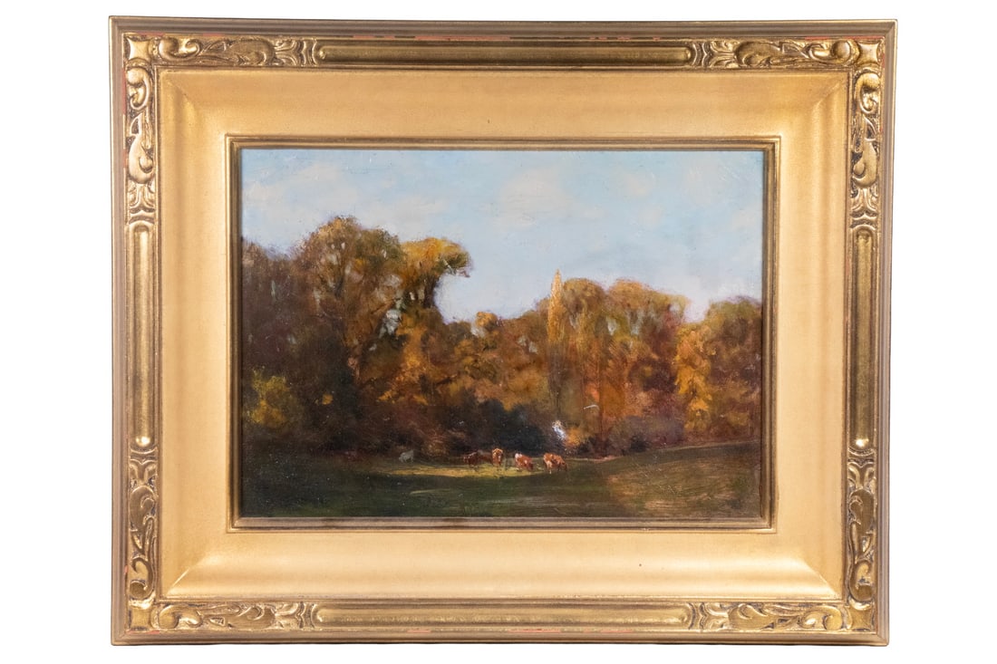 WALTER GREAVES (UK, 1846-1930): Cows in Autumn Pasture, oil on canvas, unsigned but with early ink label with his name and London address, stencil verso for "J. Capes Artist's Colorman, Pimlico, SW", in gilt Arts & Crafts matched