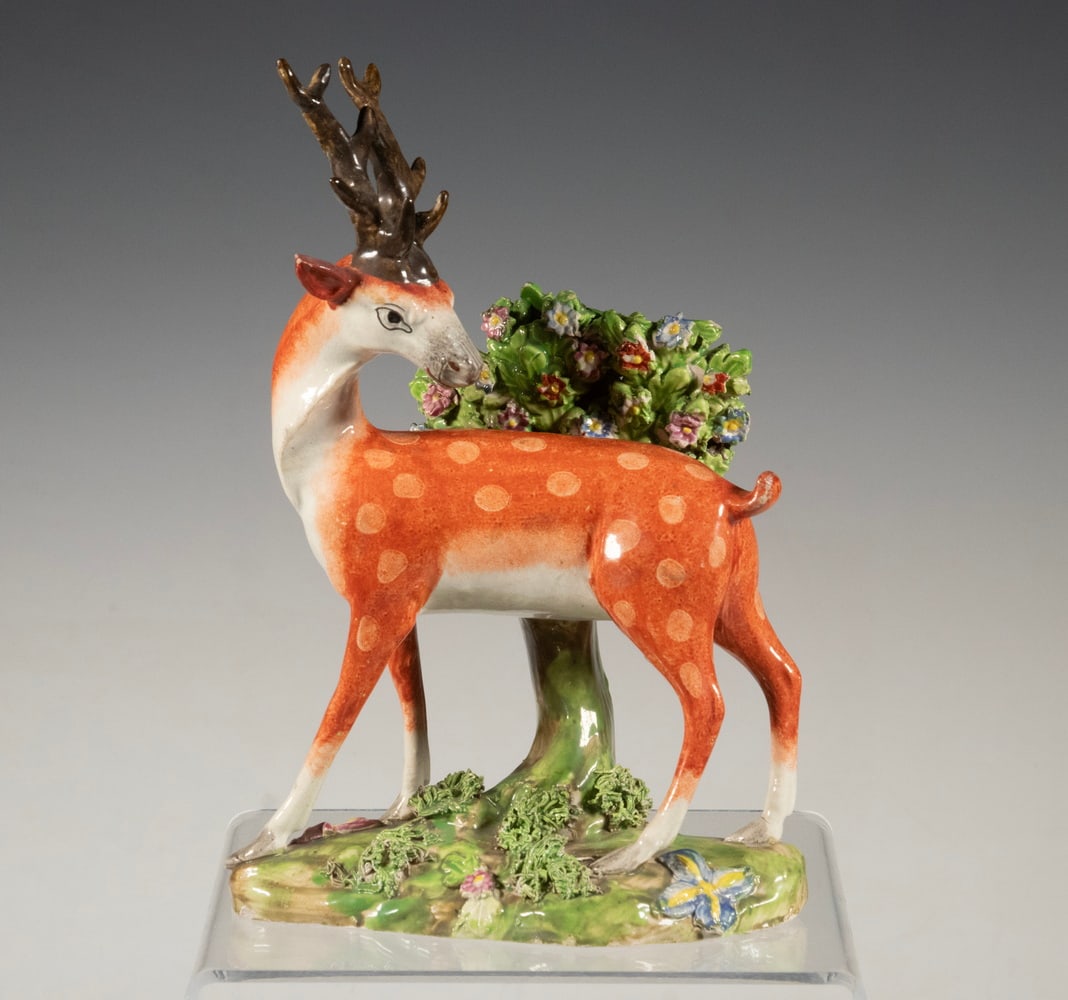 ENGLISH STAFFORDSHIRE PEARLWARE STAG FIGURE, C. 1820–1840 (1 of 2)