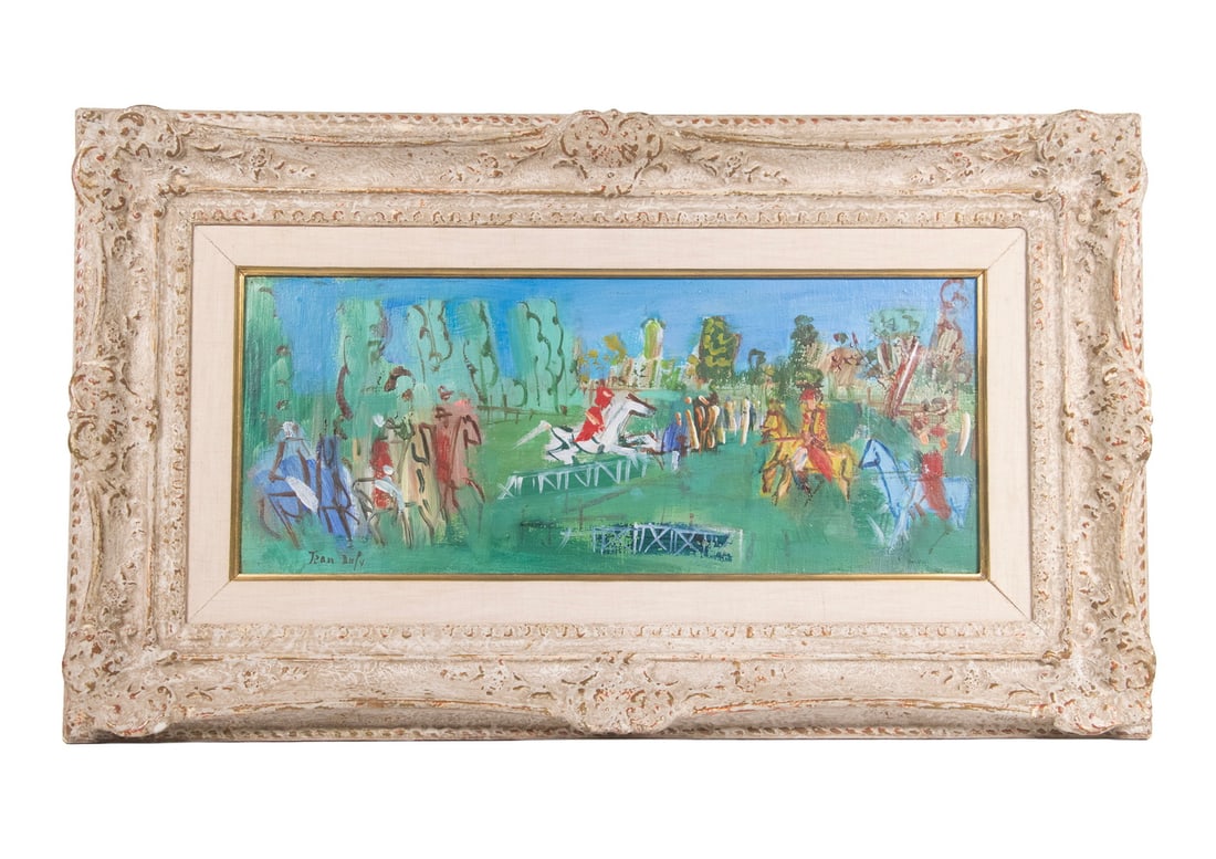 JEAN DUFY (FRANCE, 1888-1964): Equestrian Contest, oil on canvas, signed lower left, label verso from Arthur Lenars of Paris, in the original fatigued impressionist frame.Arthur Lenars & Cie at 22 bis Rue de Paradis. Paris, was in