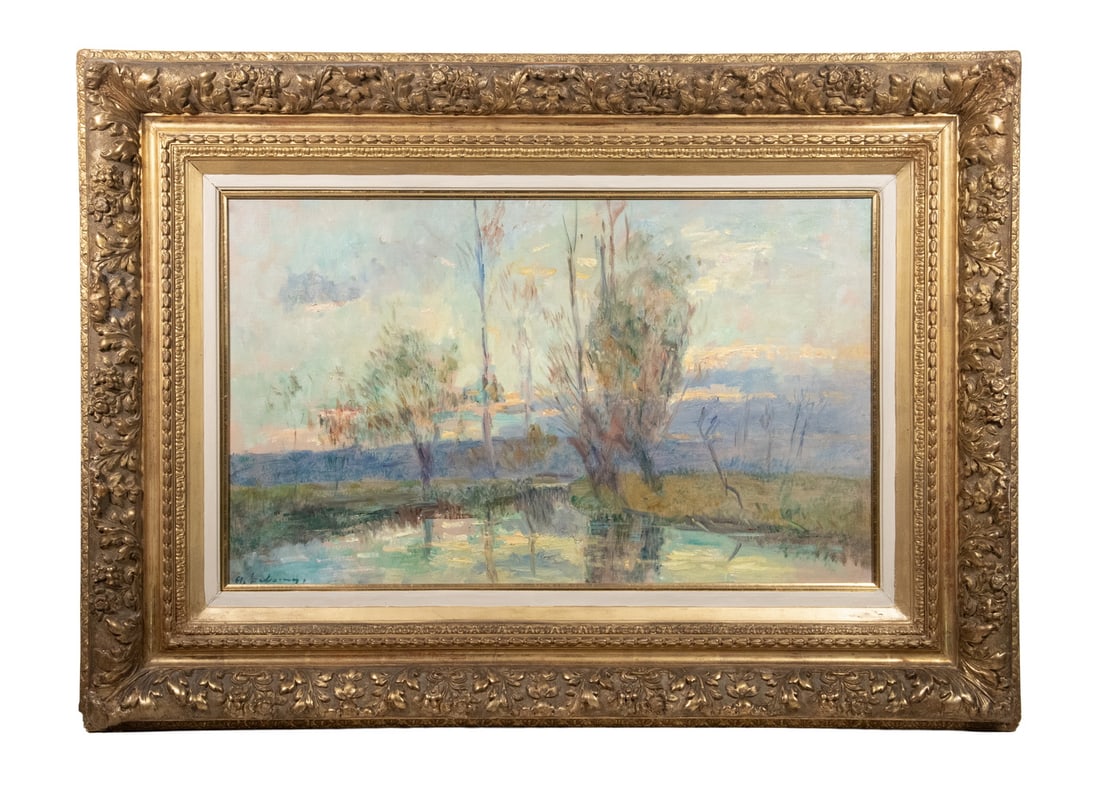 ALBERT MARIE LEBOURG (FRANCE, 1849-1928): Evening Landscape, oil on canvas, signed with 1966 inventory label verso from California Palace of the Legion of Honor in San Francisco, gift of Andre J. Kahn-Wolf. Housed in a magnificent deep cove g