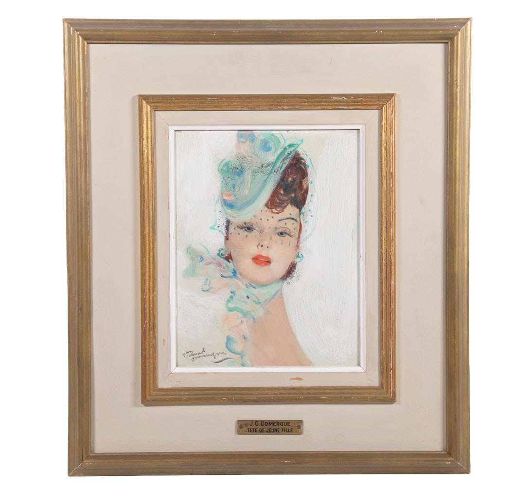 JEAN GABRIEL DOMERGUE (FRANCE, 1889-1962): Tete de Jeune Fille, oil on board, signed lower left, in gold molded frame with grey liner, brass tag gives title.OS: 17 x 15 1/2 in. (43.2 x 39.4 cm.), SS: 9 x 7 in. (22.9 x 17.8 cm.)