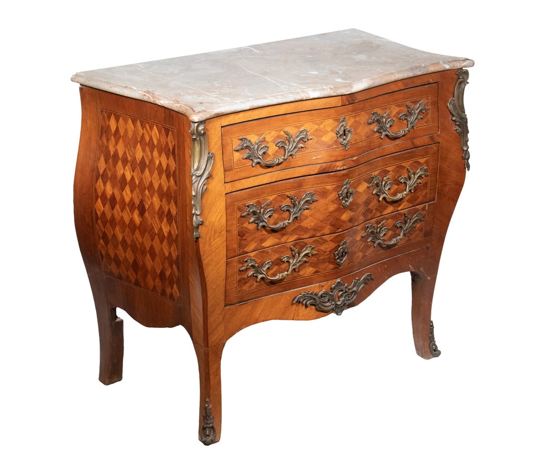 FRENCH WALNUT PARQUETRY SERPENTINE MARBLE TOP COMMODE (1 of 6)