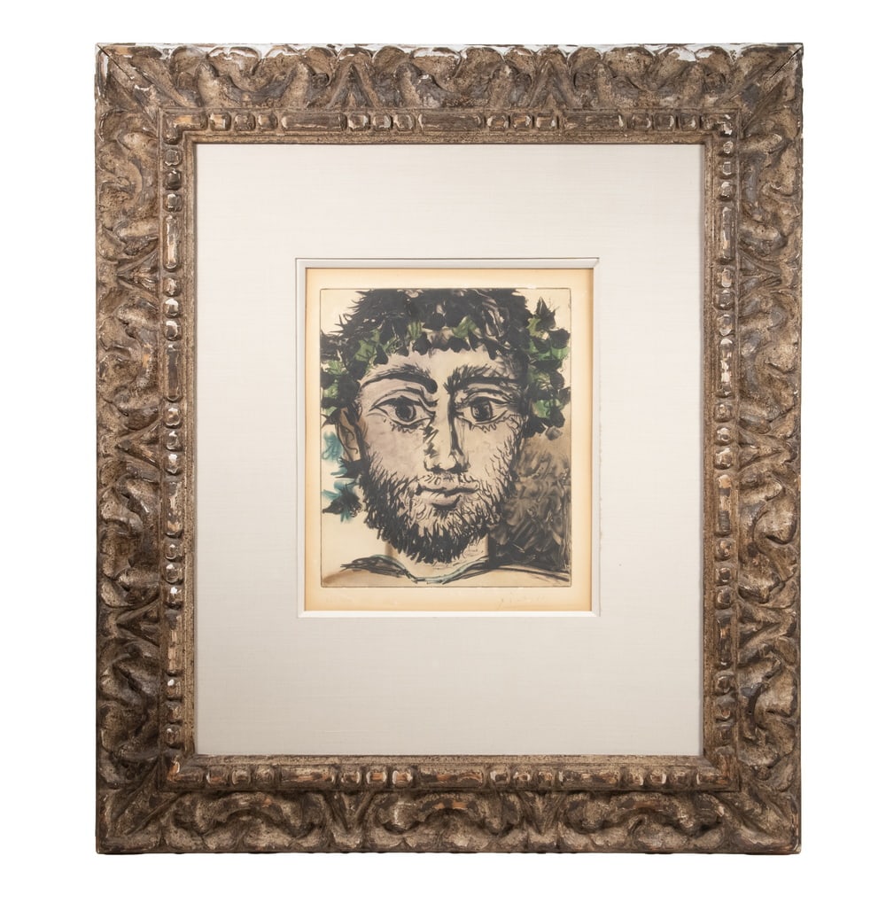 PABLO PICASSO (FRANCE/SPAIN, 1881-1973): Tête de faune (Head of a Faun), circa 1955. Soft-ground etching and aquatint in colors on paper. This work is hand-signed by Pablo Picasso in pencil lower right and numbered 224/300 in pencil in