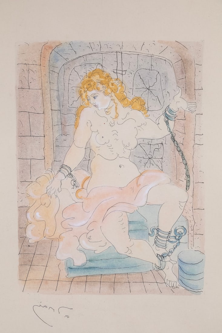 ANDRE DERAIN (FRANCE, 1880-1954): Le Prisonnier (The Prisoner), drypoint etching with hand coloring, signed in plate. 1950-51, in gold ribbed frame, matted under glass.OS: 23 x 20 1/2 in. (58.4 x 52.1 cm.), SS: 16 1/2 x 11 1/2 in.