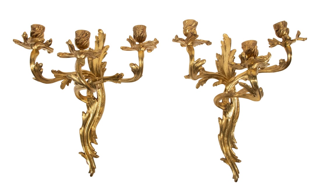 PAIR OF FRENCH GILT BRONZE CANDLE SCONCES: Louis XV Style 3-Stem Candle Sconces, gilt bronze.Each, OS: 16 x 11 x 9 1/2 in. (40.6 x 27.9 x 24.1 cm.)