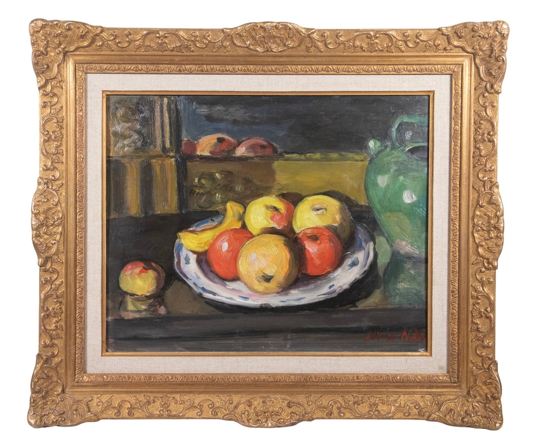 ALBERT ANDRE (FRANCE, 1869-1954): Pommes dans une Assette, sur les Chemins, oil on paper, laid to panel, signed lower right, titled on old handwritten label verso, which is also marked "Mme. Acosta", in gilt gesso impressionist frame