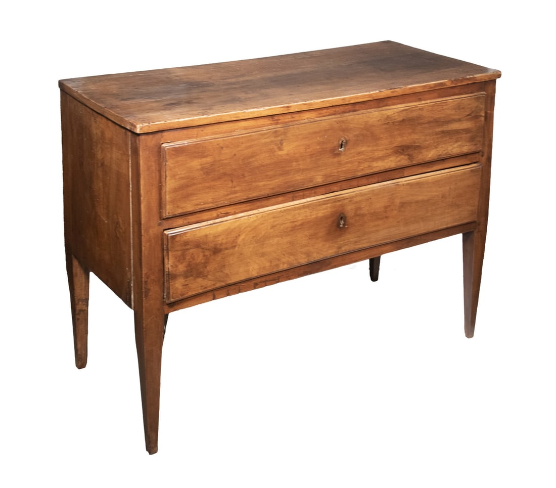 18TH C. COUNTRY FRENCH WALNUT CHEST: Early French Provincial Commode, with two molded edge drawers, with key, set on square tapered legs. Old top repairs; worm damage.OS: 33 1/2 x 46 1/2 x 20 in. (85.1 x 118.1 x 50.8 cm.)