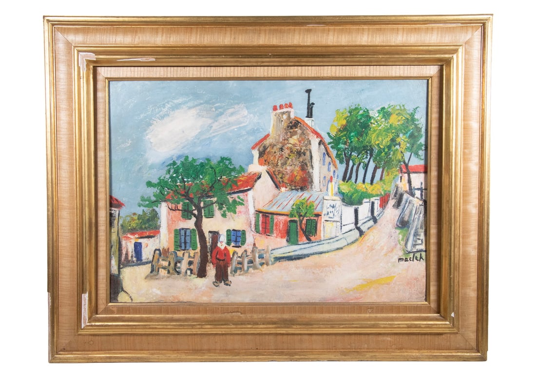ELISEE MACLET (FRANCE 1881-1962): Le Lapin Agile, (Montmartre) oil on academy board, signed lower right, in gold molded frame.Heavily influenced by his friend Maurice Utrillo, he has chosen a location painted by him at about the same
