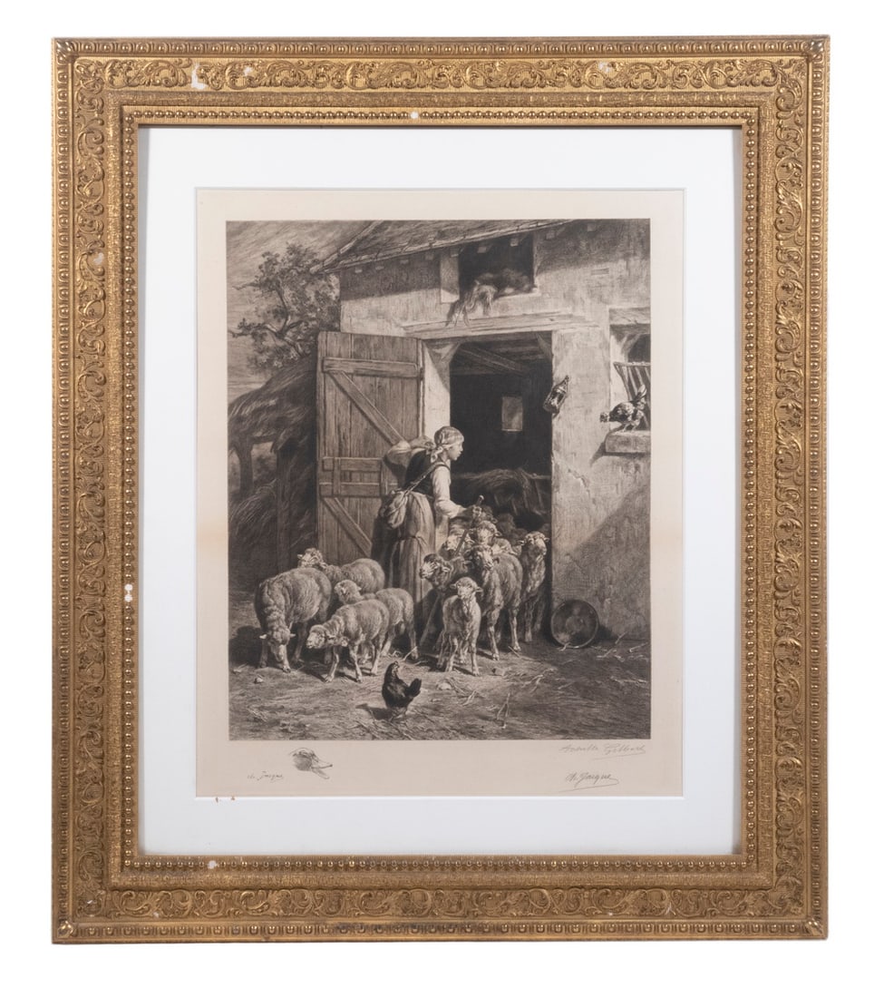 CHARLES EMILE JACQUE (FRANCE, 1813-1894) AFTER ACHILLE ISIDORE GILBERT (FRANCE, 1828-1899): The Shepherdess Turns her Flock Out in the Morning, etching on paper, with a printed remarque of a duck's head and signature, also signed in pencil by both painter and printmaker, housed in an ornate