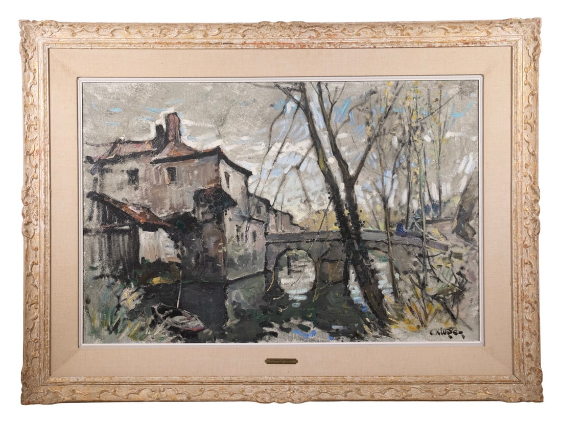 CONSTANTIN KLUGE (FRANCE, 1912 - 2003): La Vienne et L'Issoire, oil on canvas, signed lower right, titled on frame tag, in pickled gold impressionist frame with linen liner.Issoire is a commune in the Puy-de-Dome department in Auvergne in c