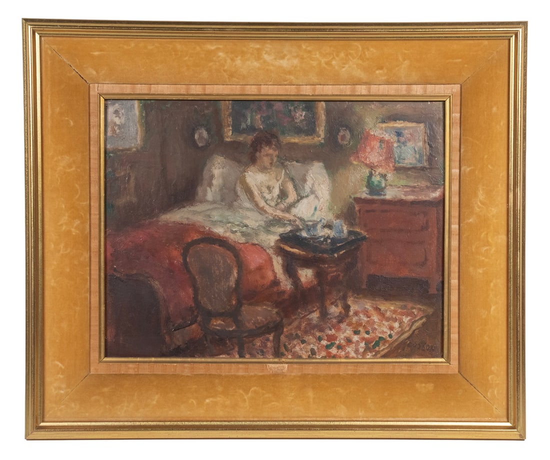 JEAN LOUIS MARCEL COSSON (FRANCE, 1887-1956): Woman Having Tea in Bed, oil on board, signed lower right, in gilt edged gold velvet mitered frame.OS: 16 x 19 1/2 in. (40.6 x 49.5 cm.), SS: 10 x 13 1/2 in. (25.4 x 34.3 cm.)