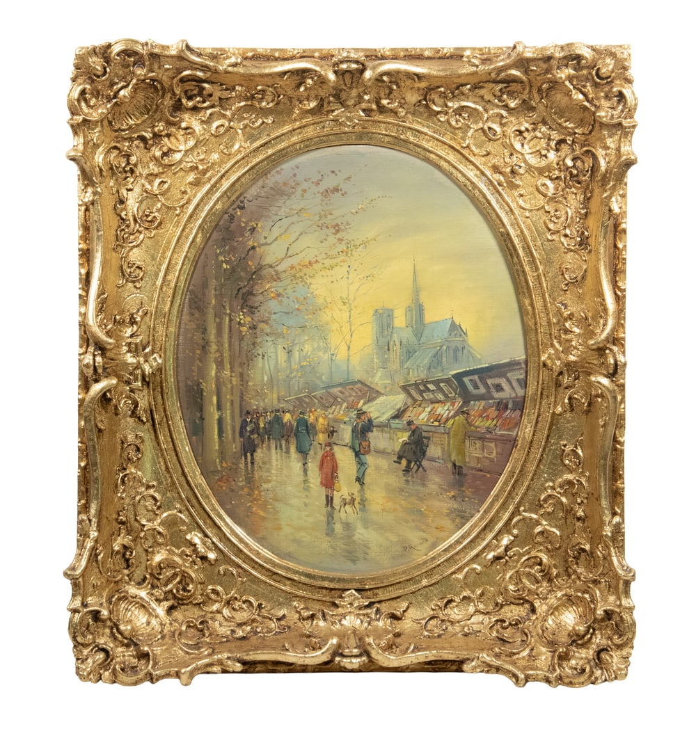 PAUL RENARD (FRANCE, 1941-1997): Book Sellers of Paris in the Rain, oil on canvas, signed lower right, an oval image in ornate gilt rectangular frame.OS: 24 x 21 in. (61 x 53.3 cm.), SS: 16 x 14 in. (40.6 x 35.6 cm.)