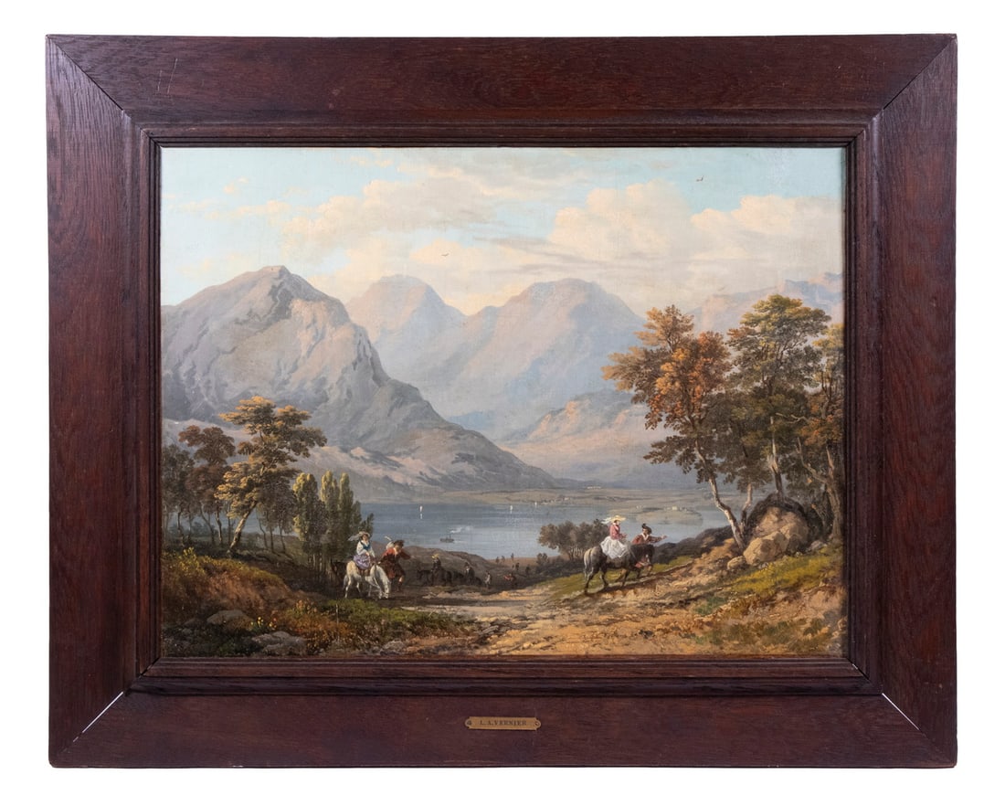 EMILE LOUIS VERNIER (FRANCE, 1829-1887): Mountain Landscape with travelers on trail above lake, oil on canvas, unsigned, in fumed oak panel frame with nametag. Craquelure visible.OS: 22 x 27 in. (55.9 x 68.6 cm.), SS: 15 1/2 x 20 1/2 in.