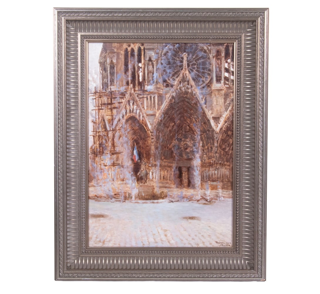 JOSEPH-FELIX (JEAN) BOUCHOR (FRANCE, 1853 - 1937): Cathedrale de Reims, 1914, oil on academy board, signed lower right and marked with date and location, also marked on old label verso, in replica silver leaf ribbed cove frame.Depicting the artillery