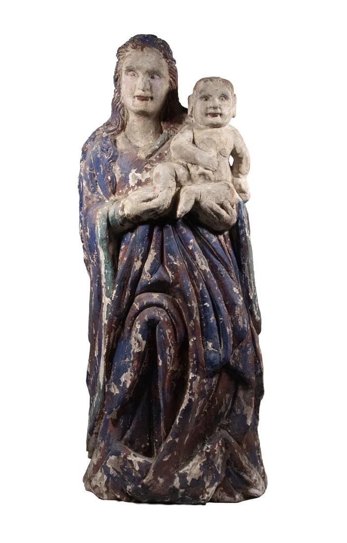 18TH C. FRENCH PROVENCIAL BAROQUE STYLE MADONNA AND CHILD STATUE: Standing Figure of the Holy Mother and Child, from a single section of wood, with several layers of bright polychrome. Size: 41 x 10 x 17 in. (104.1 x 25.4 x 43.2 cm.)