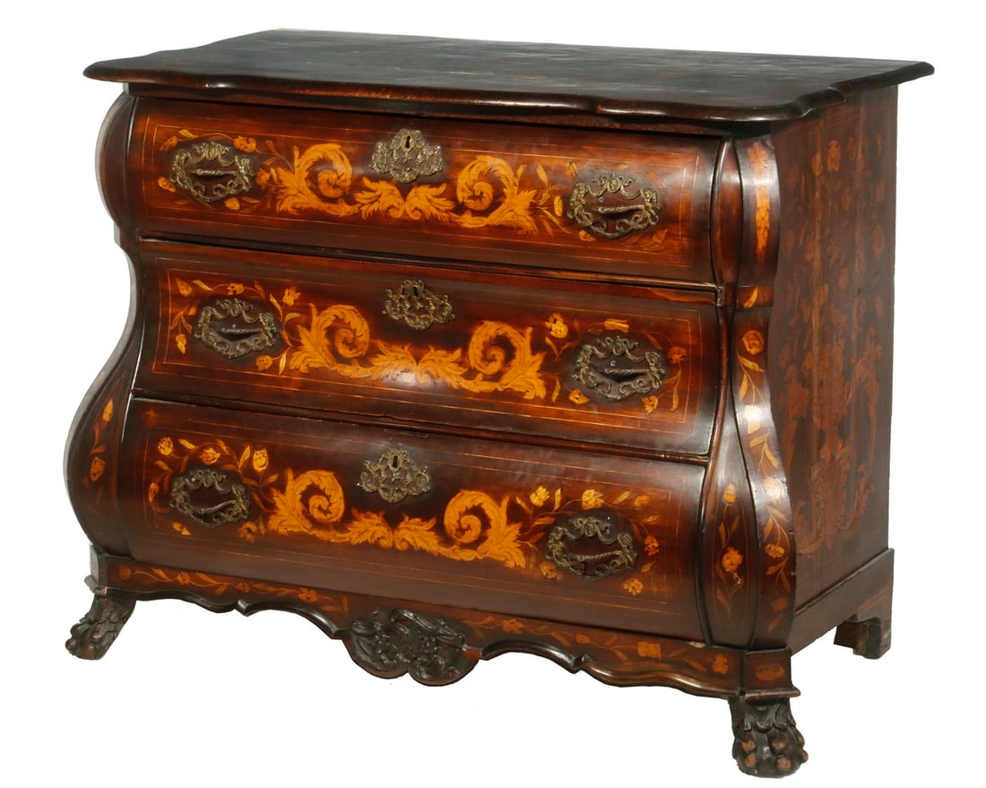 RARE DUTCH MARQUETRY BOMBE FRONT CHEST (1 of 5)