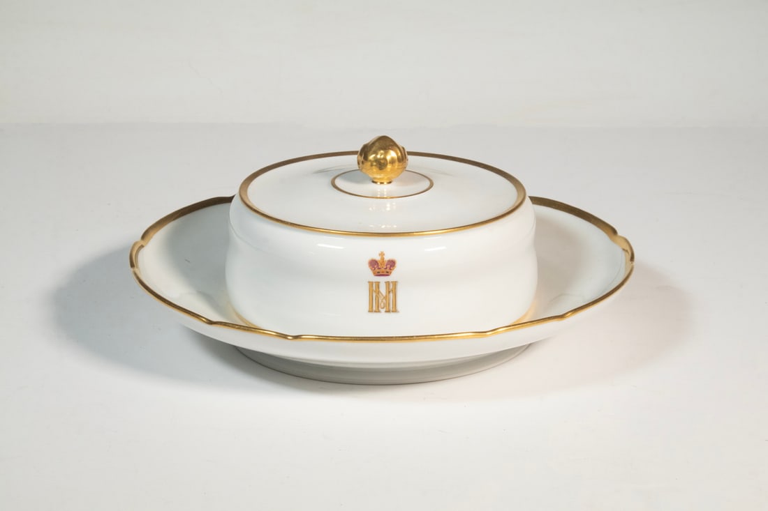 ALEXANDER II PERIOD IMPERIAL PORCELAIN CAVIAR DISH: Late 19th c. Russian (2) Piece Lidded Caviar Serving Dish, produced by the Imperial Porcelain Factory, St. Petersburg, in white with gilded decoration, with a painted Romanov dynasty cipher mark (poss