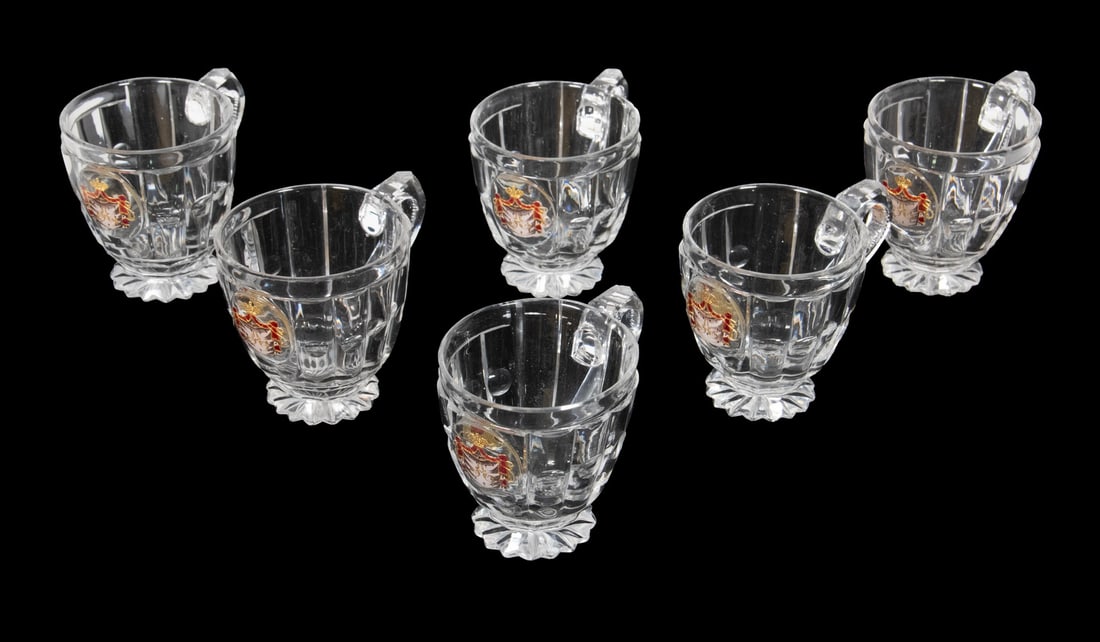 (6) 19TH C. RUSSIAN CRYSTAL PUNCH CUPS, IMPERIAL GLASS FACTORY: Set of (6) Alexander II Period Cut Crystal Footed Cups, produced by the Imperial Glassworks, St. Petersburg, lobed design with embedded enameled gold crowned cipher of Alexander II (1855-1881) over an