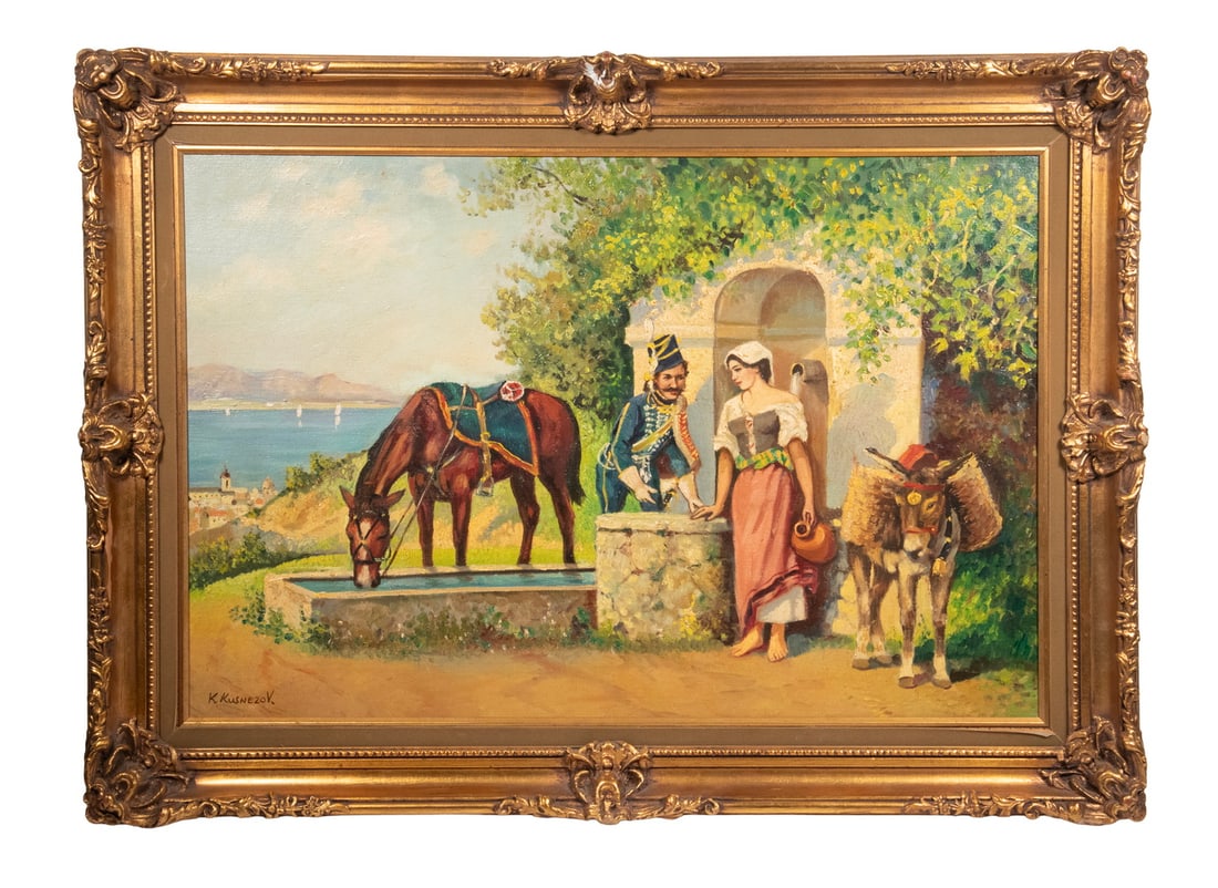 KONSTANTIN KONSTANTINOVICH KUZNETZOV (RUSSIA, 1895-1980): Hussar Cavalryman Introducing Himself to a Village Girl at the Well, oil on canvas, signed lower left, in ornate matched corner gold frame. OS: 26 x 36 in. (66 x 91.4 cm.), SS: 19 1/2 x 29 1/2 in. (49