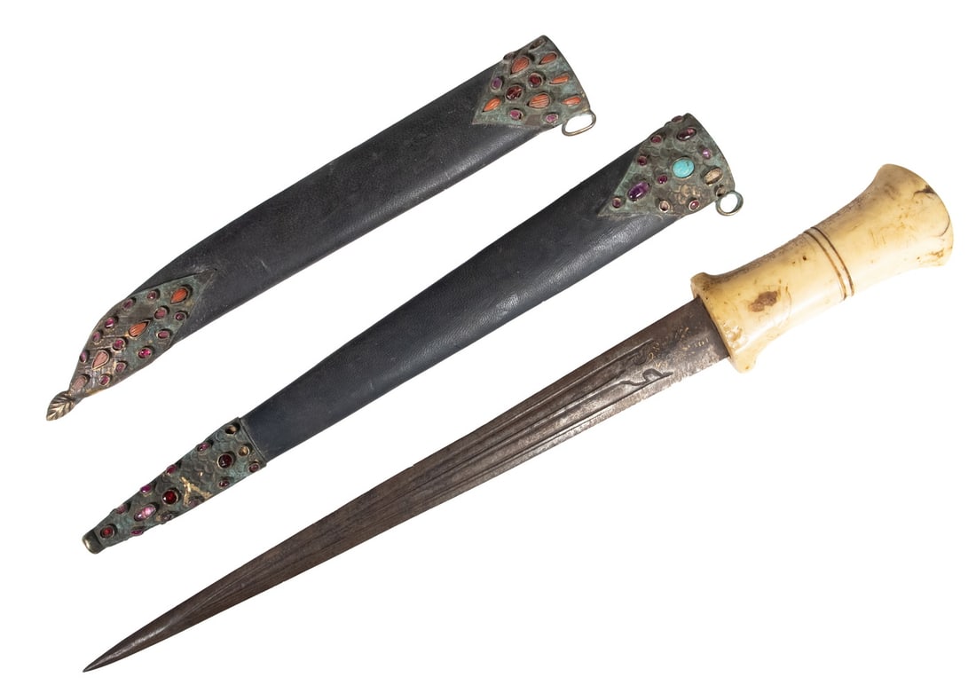 19TH C. OTTOMAN DAGGER W/ SHEATH PLUS SECOND SHEATH: Long Straight Two-sided Tapered Blade with grooves, gold inlay at hilt, carved bone handle; with leather sheath having brass fittings with cabochon mounts of amethyst, turquoise and garnet; PLUS a sec