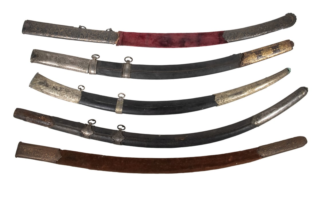 COLLECTION OF (5) TURKISH OTTOMAN SWORD SCABBARDS: Various finishes and colors.Appx Length Each: 30 in. (76.2 cm.)