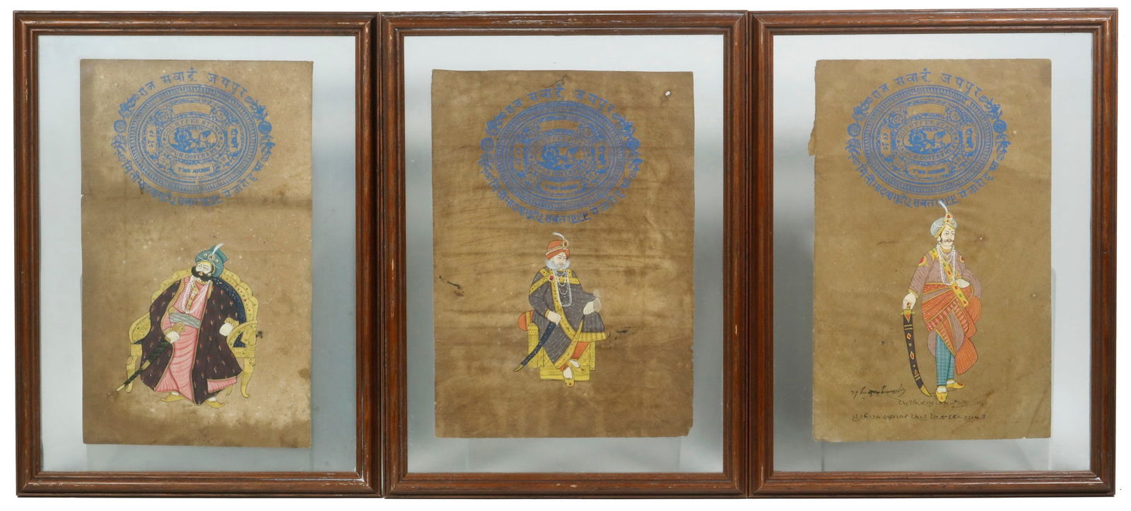 (6) FRAMED MUGHAL PORTRAITS: Portraits of Noblemen in gouache on paper, cut out and laid over old Urdu text revenue documents, with large tax seals from the Jeypoor Government for 4 Annas each, floated between two sheets of