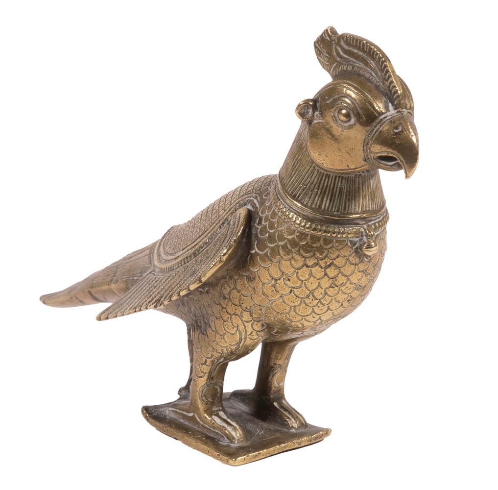 18TH C. INDIAN BRASS HINDU HAMSA BIRD FIGURE: Cast and engraved pure brass figure, representing the Supreme Spirit, Ultimate Reality or Brahman in Hinduism. Repaired tail, loss to feather crest.Length: 8 in. (20.3 cm.)