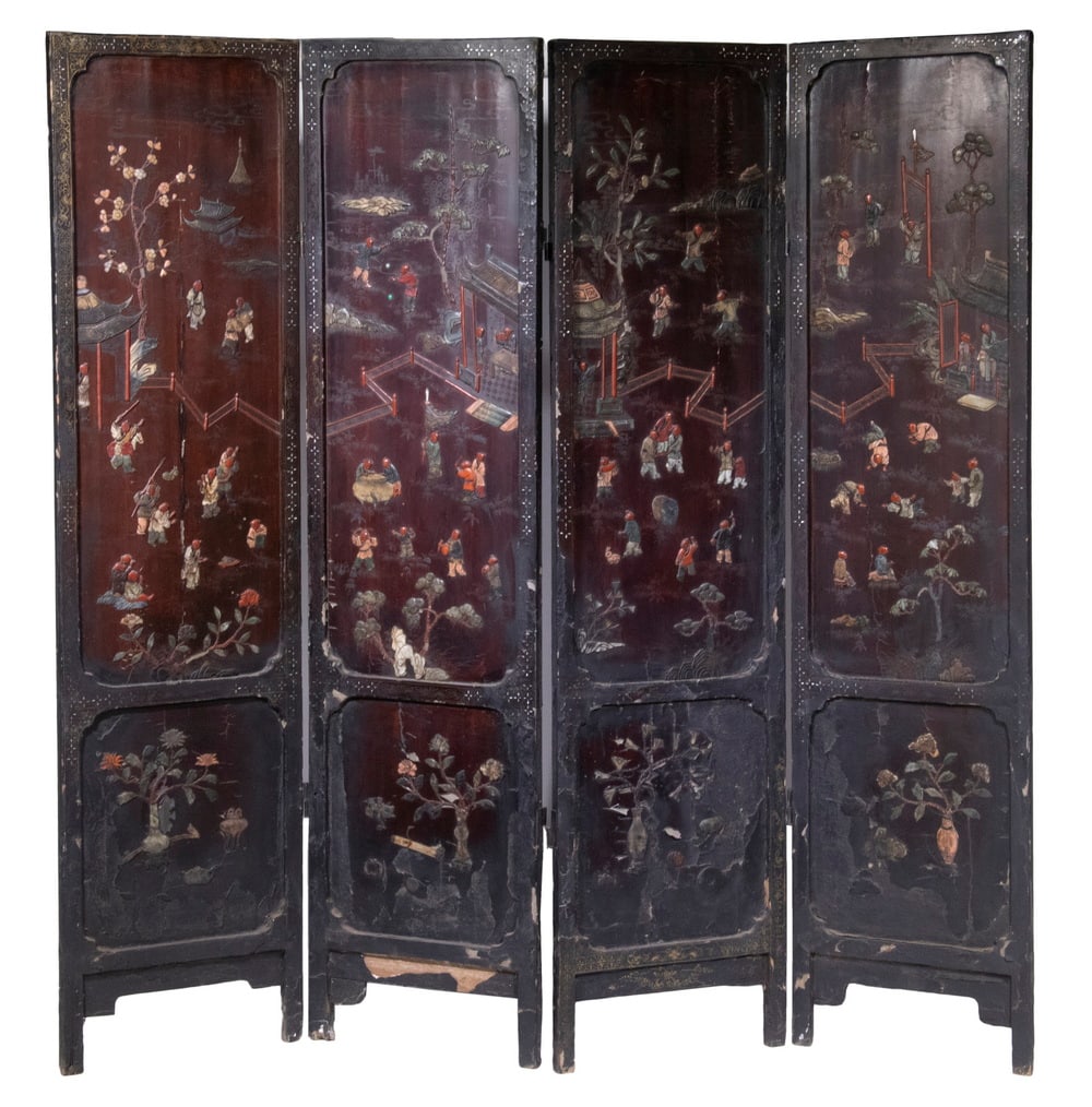 CHINESE LACQUERED COROMANDEL PANELS WITH BONE INLAY: Set of (4) Folding Screen Black Lacquer Panels, one side with colored bone figural decoration, gilding and mother-of-pearl inlay, reverse side with sgraffito bird and flowering tree decoration.Each